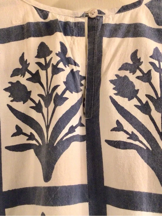 SZ Block Prints /Orti Blue and White Cotton Floral Midi Dress - Sz L - Picture 8 of 12